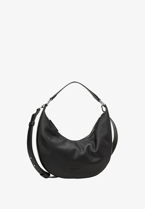 Black leather crescent-shaped handbag with short handle and adjustable shoulder strap, silver hardware, and zipper closure.