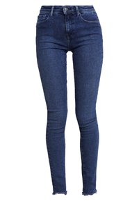 Vaqueros ajustados en denim azul oscuro, con una cintura alta, diseño de cinco bolsillos y dobladillos deshilachados en el tobillo para un look casual.