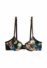 Juodas bikini viršus su spalvingu gyvūnų raštu; turi volangų detalę ir kontrastingą oranžinį siūlą; reguliuojamos petnešos, kad būtų patogiau.