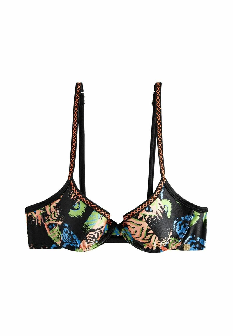 Top bikini nero con stampa animale colorata; presenta dettagli con volant e cuciture arancioni a contrasto; spalline regolabili per una vestibilità perfetta.