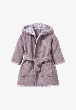 Lila, flauschiger Bademantel mit Kapuze, vorderen Taschen und gefüttertem Innenfutter mit Blumenmuster. Verfügt über einen Taillengürtel und florale Stickdetails.