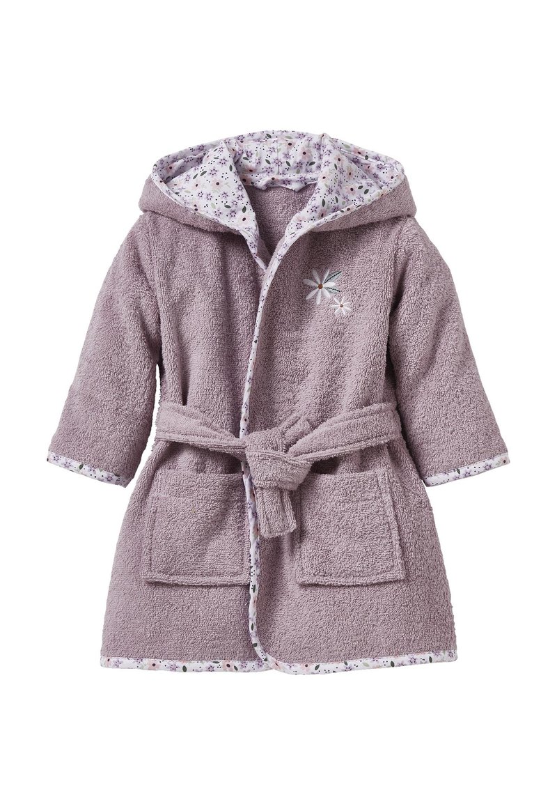 Lila, flauschiger Bademantel mit Kapuze, vorderen Taschen und gefüttertem Innenfutter mit Blumenmuster. Verfügt über einen Taillengürtel und florale Stickdetails.