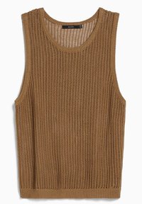 Canotta marrone lavorata a maglia con un motivo a trama larga e fluida, ampie aperture per le braccia e scollatura arrotondata. Presenta bordi a coste.