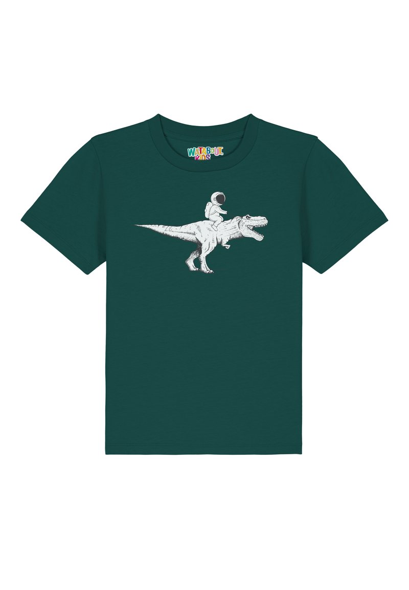 Teal katoenen T-shirt met een witte graphic van een astronaut die op een T-rex rijdt, met korte mouwen en een ronde hals.