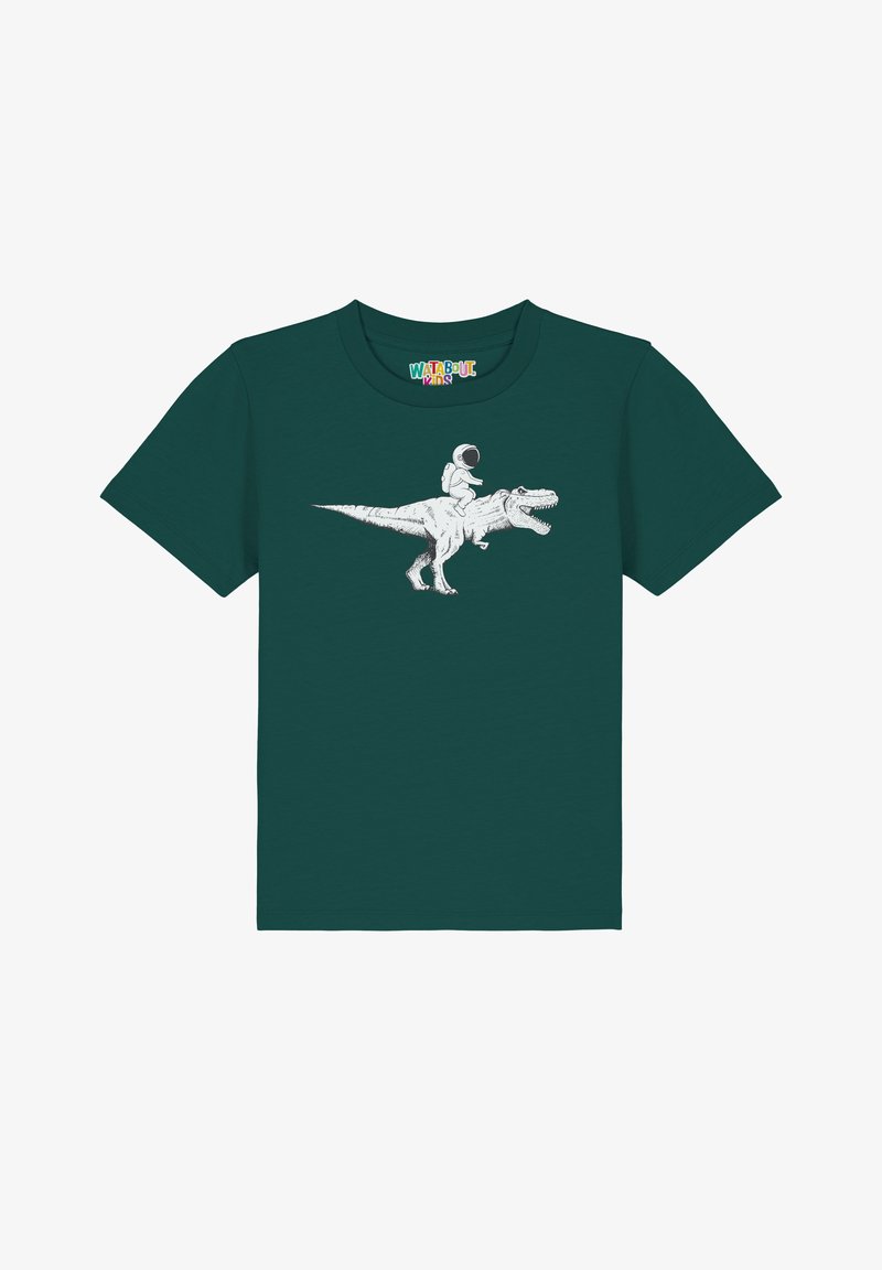 Teal katoenen T-shirt met een witte graphic van een astronaut die op een T-rex rijdt, met korte mouwen en een ronde hals.