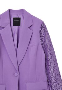 Lavendelfarbenes Blazer mit strukturiertem Design, der eine durchgehende Vorderseite und eine Spitzenärmeln hat. Enthält einen einzelnen Knopf und eine kleine Tasche.