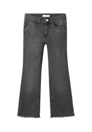 Jean évasé noir en denim, doté d'une taille haute, de poches avant et d'ourlets effilochés. Design classique à cinq poches avec fermeture boutonnée.