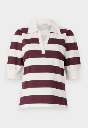 Trumpas rankovėmis polo marškinėliai, su bordo ir baltais horizontaliais dryžiais, su apykakle ir pūstomis rankovėmis.