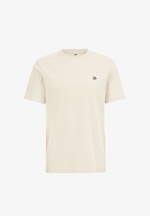 Beżowa koszulka z krótkim rękawem, wykonana z miękkiej bawełny, z małym czarnym logo na lewej piersi i klasycznym okrągłym dekoltem.