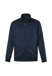 Marineblauw jack met ritssluiting, gemaakt van gladde stof, met een opstaande kraag, omgeslagen mouwen en een subtiel logo op de borst.