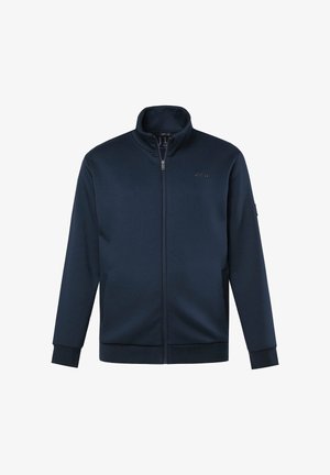 Marineblaue Reißverschlussjacke aus glattem Stoff, mit Stehkragen, Ärmelbündchen und dezentem Logo auf der Brust.