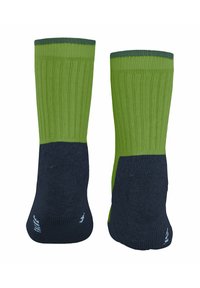 Grüne und marineblaue Socken mit geripptem oberen Teil, verstärktem Fersen- und Zehenbereich. Der obere Teil ist leuchtend grün, während der untere Teil dunkelmarineblau ist.