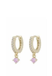 Guldörhängen med en rad av små klara stenar och en hängande rosa ädelsten. Slät yta och rund form med en polerad yta.