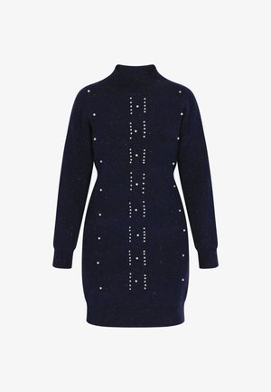 Robe pull tricotée marine à col montant, ornée d'accents en forme de perles dispersées et d'un motif vertical distinct. Texture douce.
