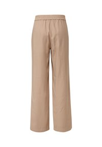 Beige wide-leg trousers with an elastic waistband, smooth texture, and no visible patterns or hardware details. Clean and minimal design.