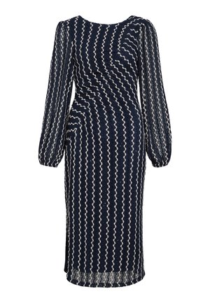 Abito blu navy con maniche lunghe a sbuffo, caratterizzato da un motivo ondulato bianco. Realizzato in un tessuto testurizzato, ha una silhouette aderente e un'orlo fino al ginocchio.