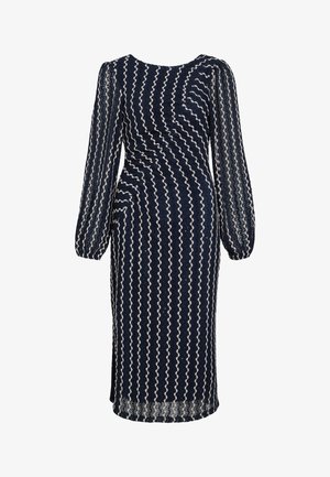 Granatowa sukienka z długimi bufkami, z białym falistym wzorem. Wykonana z teksturowanej tkaniny, ma dopasowany krój i długość do kolan.