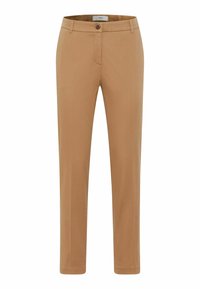 Tan bomuldsbukser med slim fit, knaplukning, bæltestropper og frontlommer. Glat tekstur med et klassisk design.