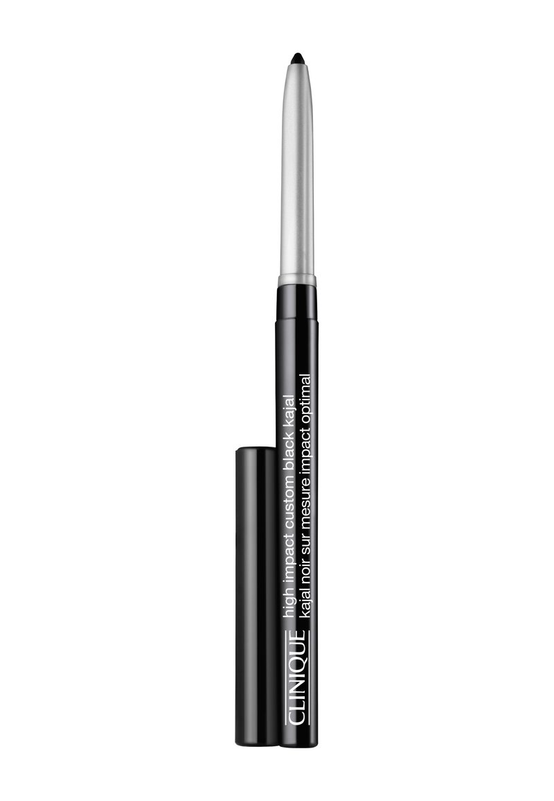 Schwarzer Kajalstift mit metallic-silberner Spitze und schwarzem Gehäuse, das mit weißem Text versehen ist und für präzise Eyeliner-Anwendungen konzipiert wurde.