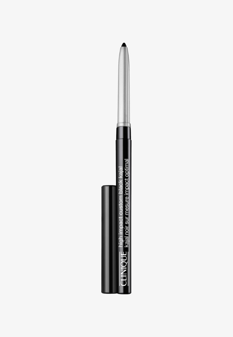 Zwarte kajalpotlood met een metallic zilveren tip en een zwarte behuizing met witte tekst, ontworpen voor nauwkeurige eyeliner-applicatie.