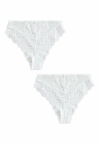 Baltas mežģīņu biksītes ar sarežģītu viļņotu rakstu pie vidukļa. Mīksts audums ar gludu tekstūru un atbilstošu apdari. Attēlotas divas vienības.