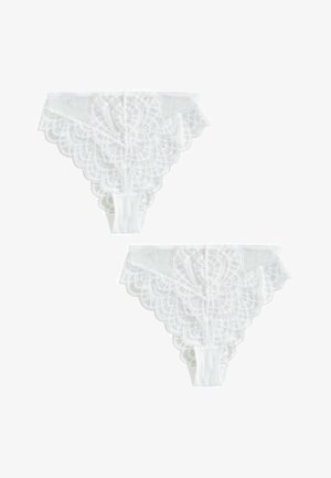 Baltas mežģīņu biksītes ar sarežģītu viļņotu rakstu pie vidukļa. Mīksts audums ar gludu tekstūru un atbilstošu apdari. Attēlotas divas vienības.