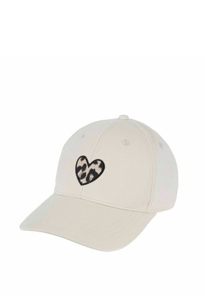 Beige Baseballcap mit einem in Schwarz-Weiß gestalteten Leopardenherz, das auf der vorderen Mittelpartie gestickt ist.