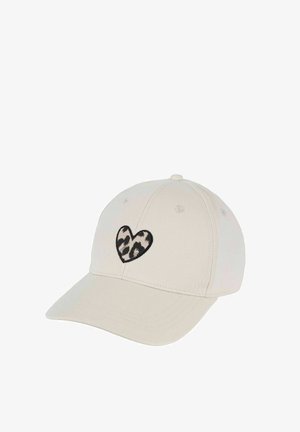 Beige baseball cap with a black and white leopard print heart embroidered on the front center panel.