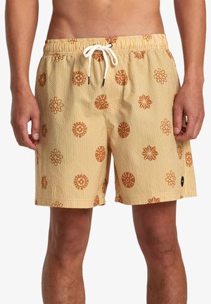 Yellow striped swim shorts with brown flower patterns, elastic waistband, drawstring closure, and side pockets. Lightweight fabric.