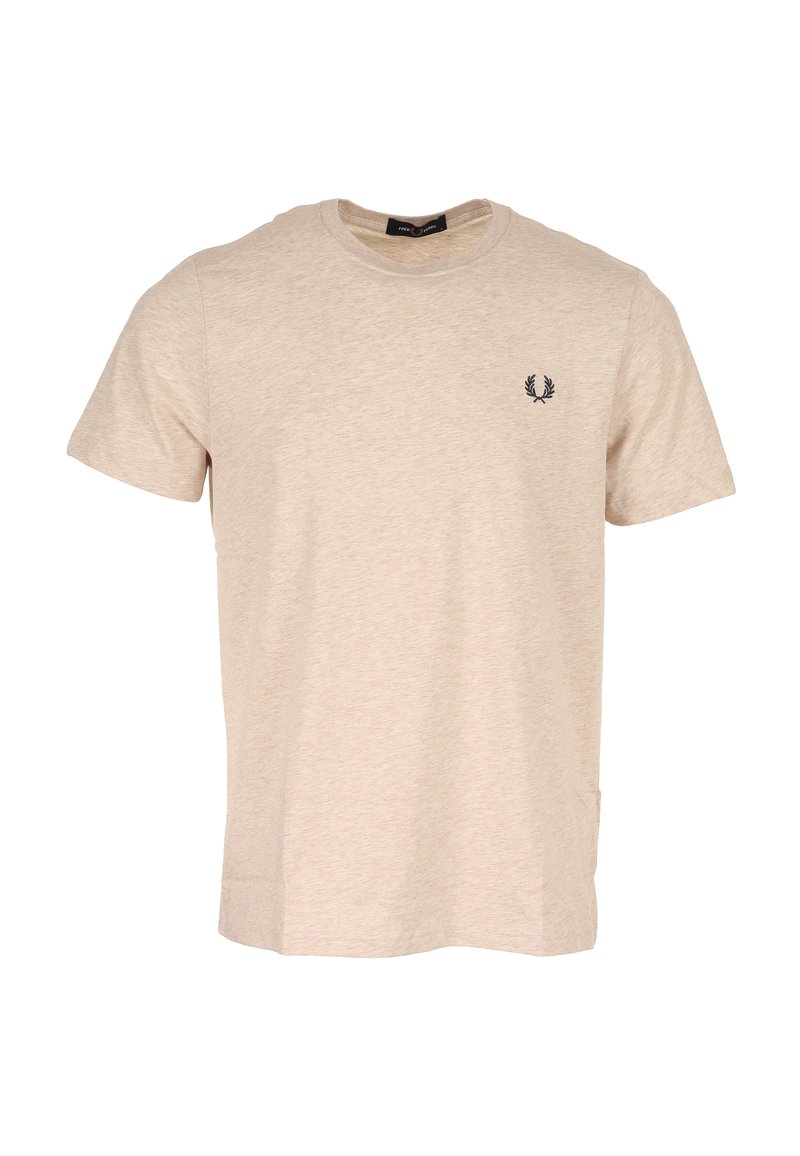 Beige t-shirt med kort ärm i en bomullsblandning, med rund halsringning och ett litet svart emblem på vänster bröst.