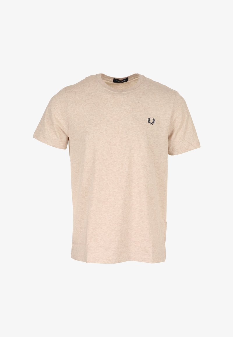 T-shirt beige à manches courtes en mélange de coton, avec un col rond et un petit emblème noir sur la poitrine gauche.