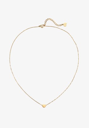 Collier doré avec une chaîne délicate, présentant un petit pendentif en forme de cœur au centre et un fermoir ajustable avec un charm accroche.
