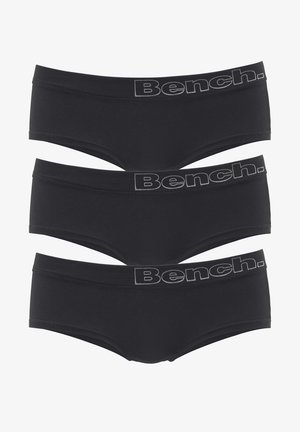 Black cotton briefs in a pack of three, featuring a soft waistband with the "Bench." logo in gray. Smooth texture and classic design.