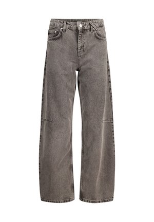 Weite, dunkelgraue Jeans aus Denim, mit einem Fünf-Taschen-Design, einem vorderen Knopfverschluss und subtilen Waschungen im Stoff.