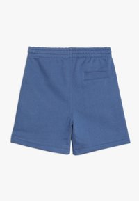 Blå bomullsshorts med elastisk midjeband, slät yta och en liten bakficka. Funktioner en enkel och klassisk design.