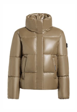 Veste puffer brillante marron avec un col haut, un design matelassé, des poches latérales et un patch logo sur la manche. Texture lisse et forme volumineuse.