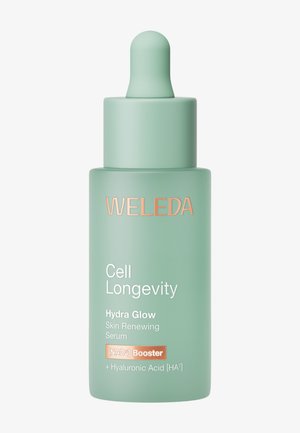 Flacon de sérum renouvelant pour la peau Weleda Cell Longevity Hydra Glow avec compte-gouttes, vert pâle avec texte cuivre et blanc.