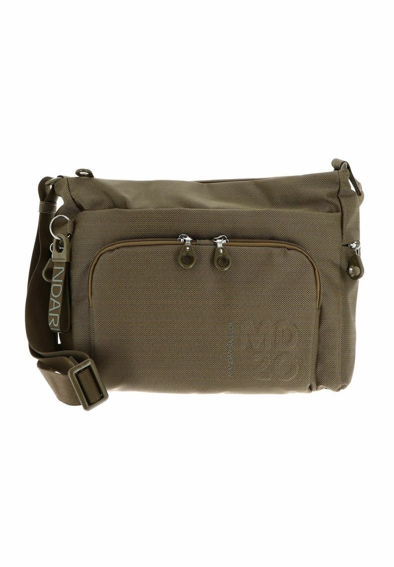 Borsa a tracolla verde oliva con tracolla regolabile, tasca frontale con zip e due cursori, e piccola tasca laterale con zip, tessuto testurizzato.