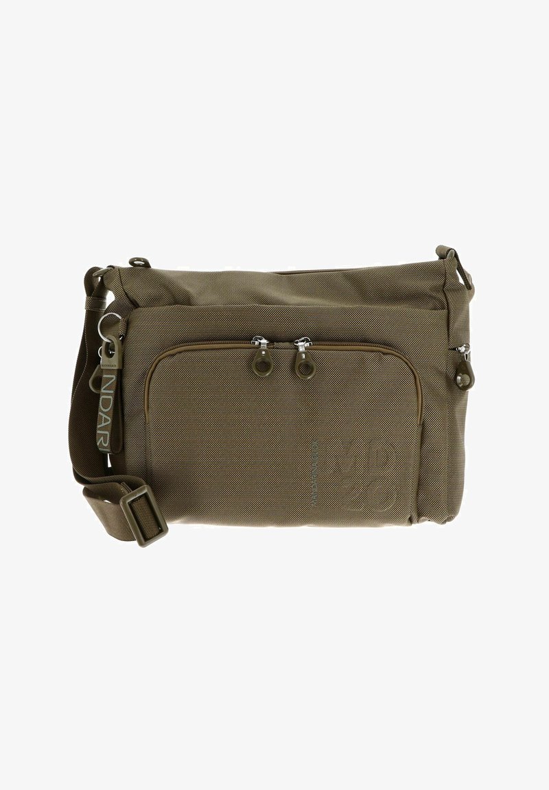 Borsa a tracolla verde oliva con tracolla regolabile, tasca frontale con zip e due cursori, e piccola tasca laterale con zip, tessuto testurizzato.