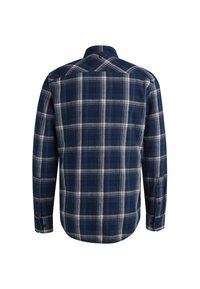 Middenblauwe geruite overhemd, flanel materiaal, lange mouwen, button-down kraag, voorzien van witte en lichtblauwe vierkanten, en een detail op de rug.