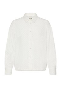 Hvid skjorte med knapper og et lille mønster af grå prikker, blød tekstur, klassisk krave og lange ærmer. Har en lige kant forneden og manchetter på ærmerne.