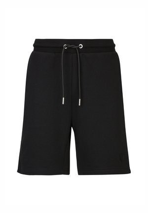 Schwarze kniehohe Shorts mit elastischem Bund und schwarzem Kordelzug mit Metallenden, schlichtes Design und dezentes Logo nahe dem Saum.