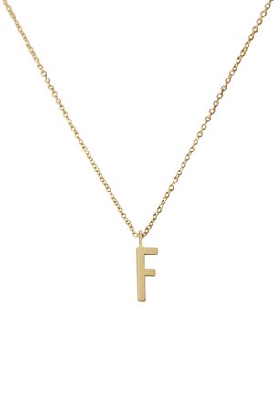 Guldfarvet halskæde med en mat finish på bogstavet "F" hængende fra en delikat kæde. Enkel design med minimalistiske træk.