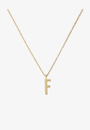 Guldfarvet halskæde med en mat finish på bogstavet "F" hængende fra en delikat kæde. Enkel design med minimalistiske træk.