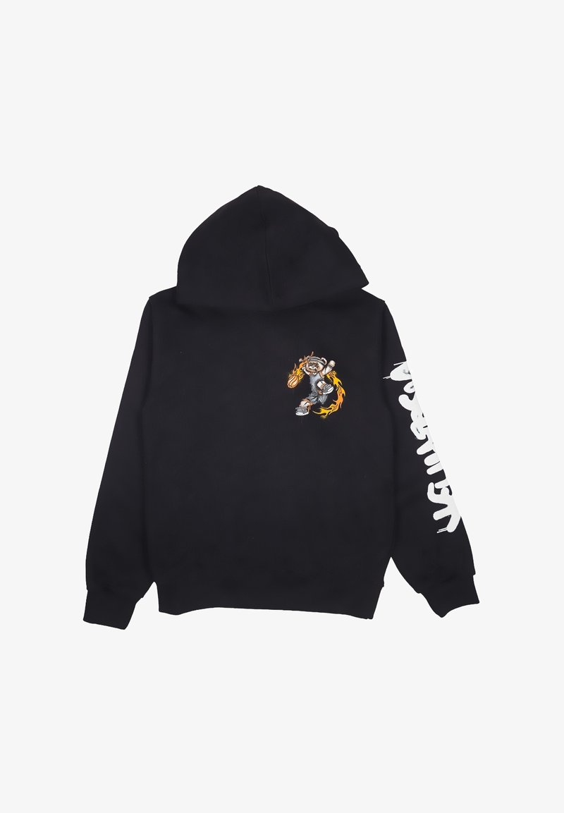 Felpa nera con cappuccio, caratterizzata da una piccola grafica di cartoon sul davanti e un testo bianco in grassetto sulla manica. Tessuto morbido e vestibilità comoda.