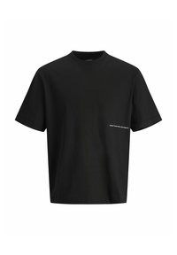 Sort kortærmet T-shirt lavet af bomuld, med rund hals og en lille hvid tekstdetalje på venstre brystområde.