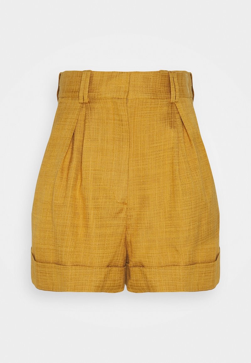 Pantaloni corti a vita alta plissettati in tessuto testurizzato color senape, con orlo arrotolato e tasche laterali per un tocco di dettaglio e funzionalità.