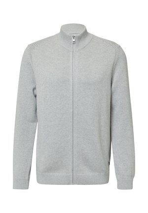 Gai pelēks zip-up džemperis ar augstu apkakli, ribotām piedurknēm un apakšmalu, ar gludu tekstūru un minimālistisku dizainu.