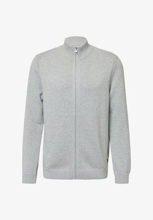 Vaaleanharmaa vetoketjulla varustettu villapaita, jossa on korkea kaulus, resorit hihansuissa ja helmassa, ja se sisältää sileän tekstuurin sekä minimalistisen muotoilun.