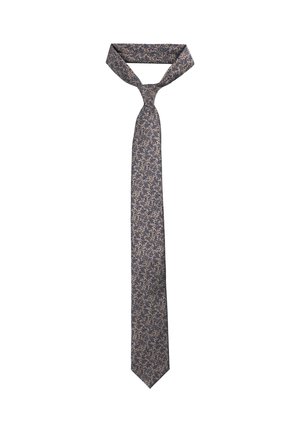 Krawat w granatowo-beżowy wzór o wąskim kroju, z motywem kwiatowym, gładką fakturą i zakończeniem w szpic.